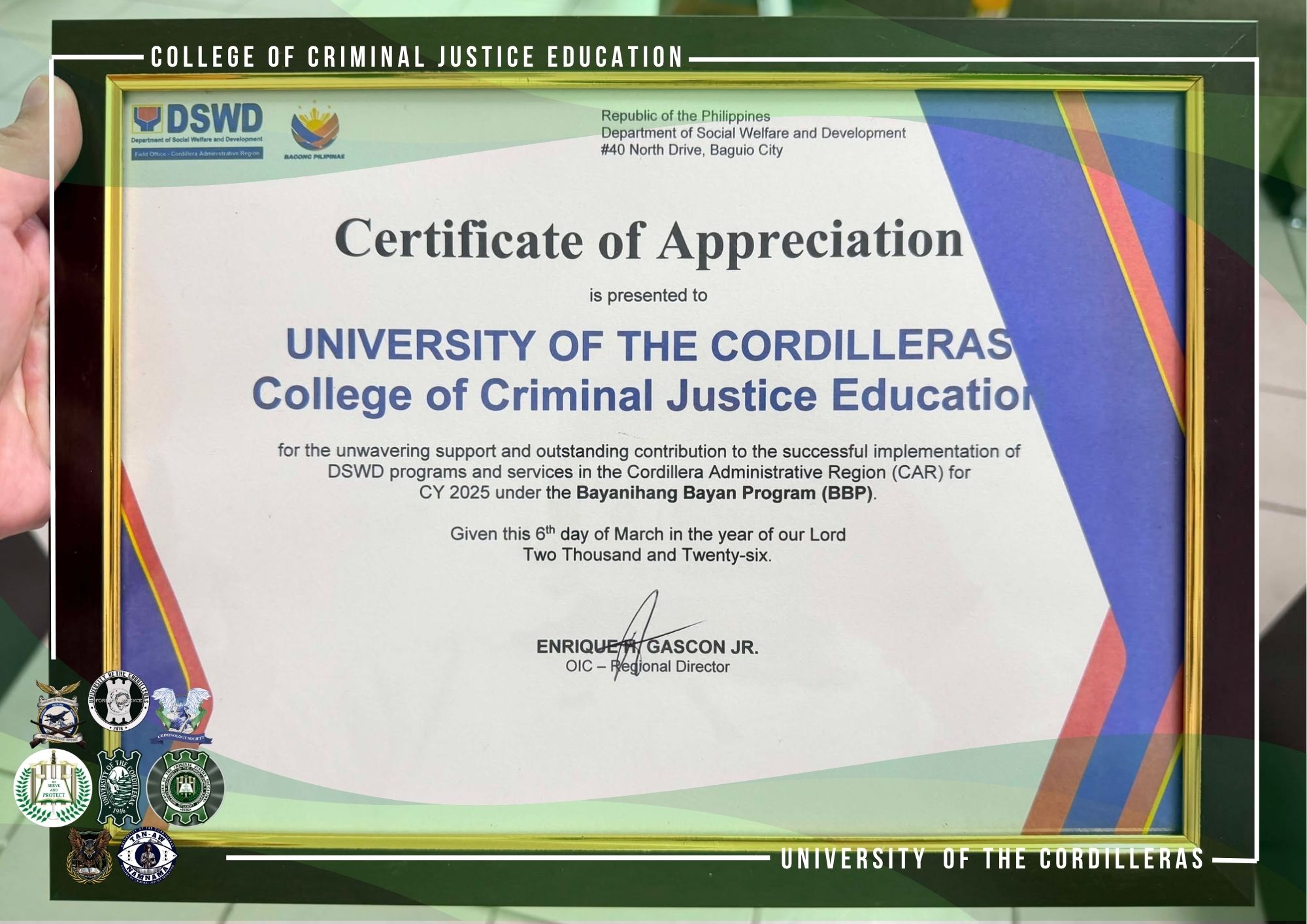 UC-CCJE Recognized by DSWD-CAR for Implementing Programs and Services under the Bayanihang Bayan Program (BBP)